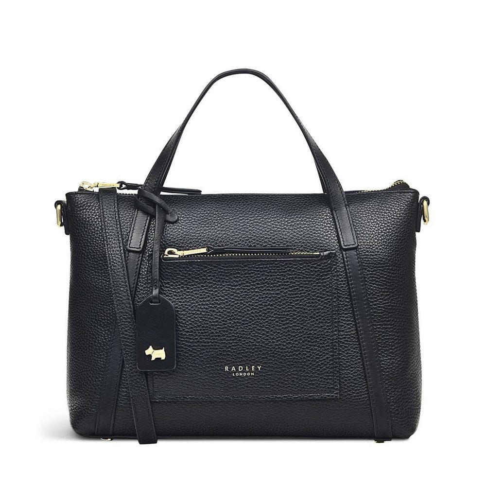 London Portman Small Leather Ziptop Satchel Bag, Black xD